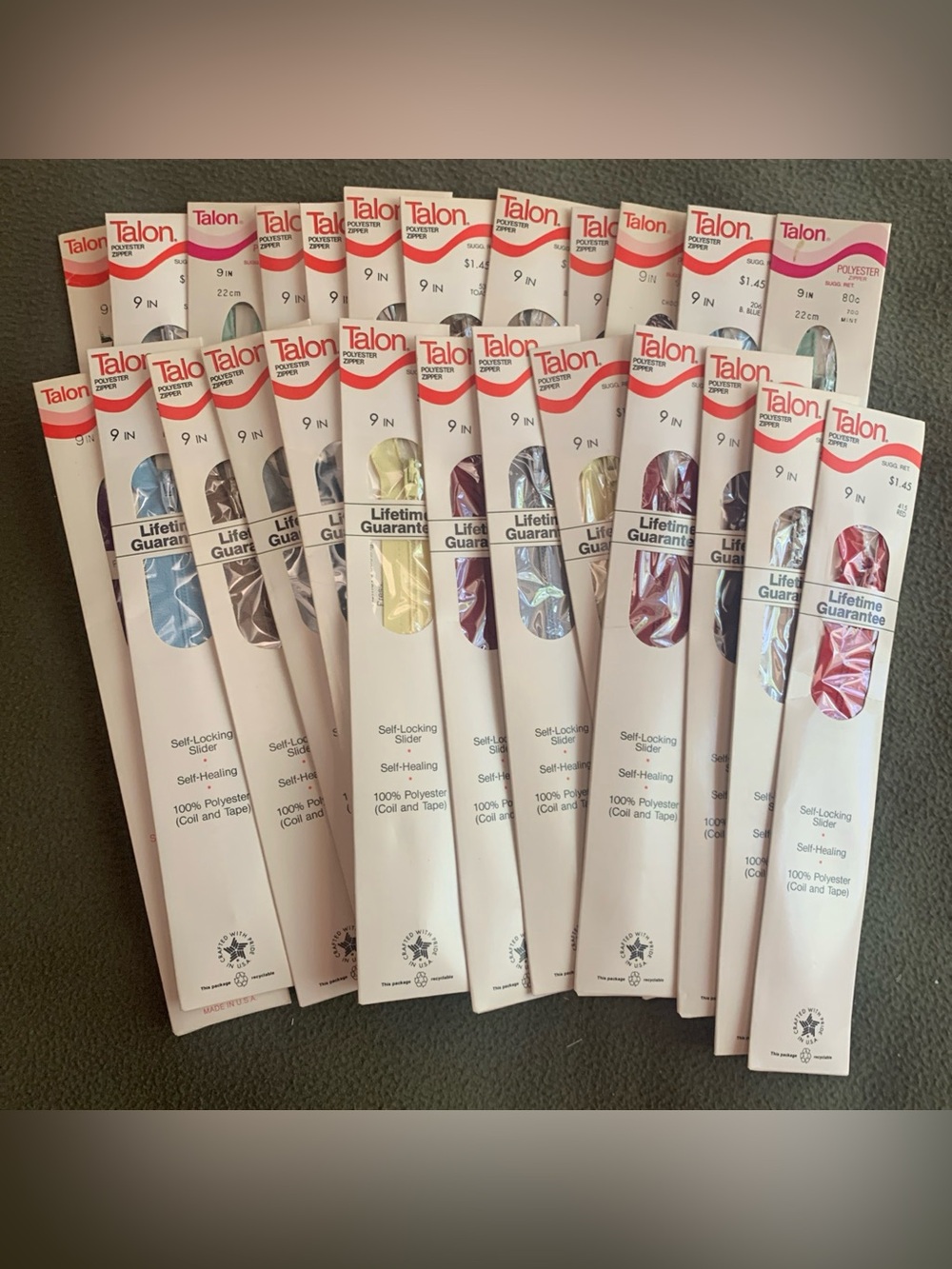 NWT Vintage Talon polyester and metal zippers. 9 inch. Various colors. Set of 25